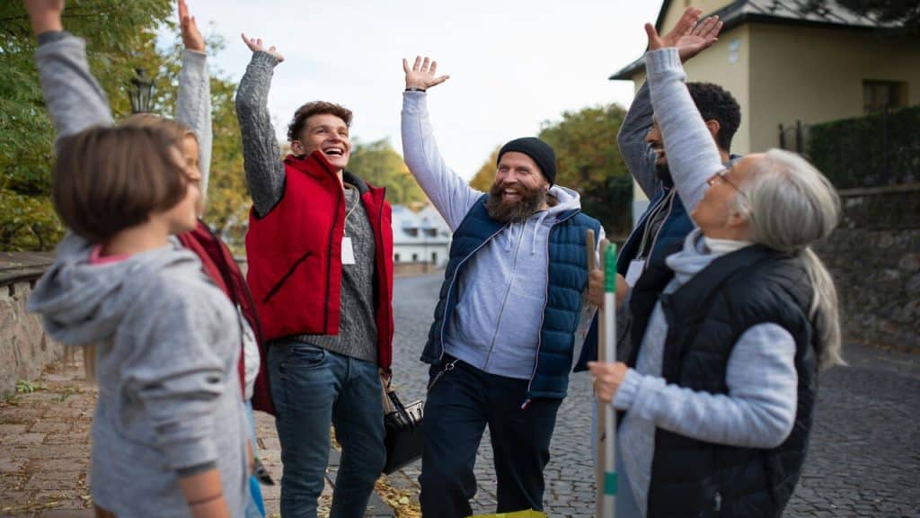 A group of volunteers working together outdoors.
