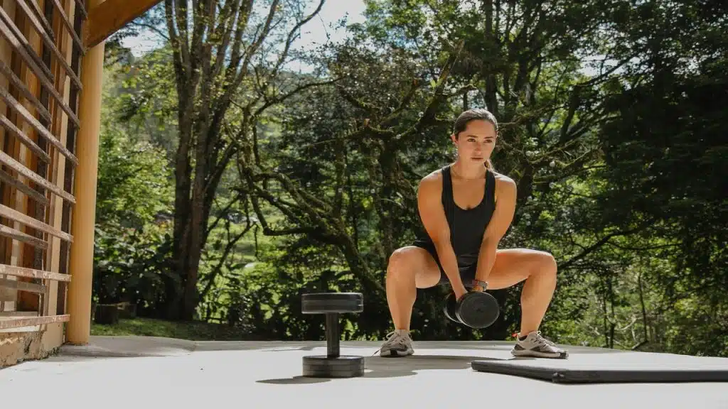 A woman squatting at a park.