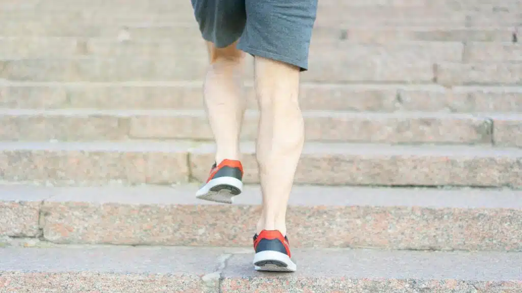 A person doing step-ups on some stairs.