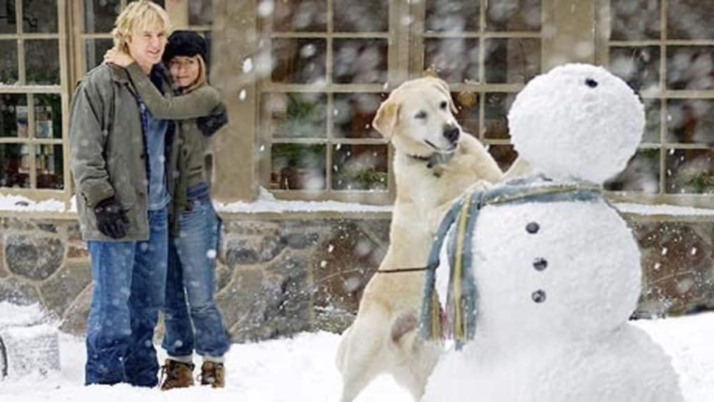 A couple looking at their dog and a snowman.