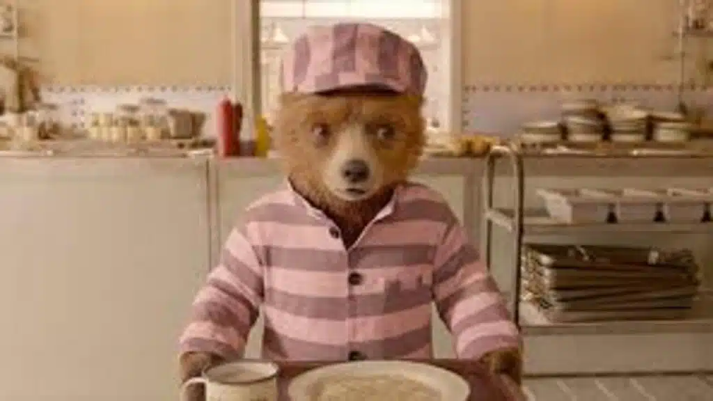 A bear dressed up in pink and purple stripes.