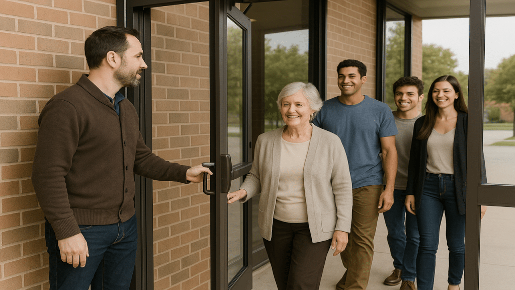 A man holding the door for others.