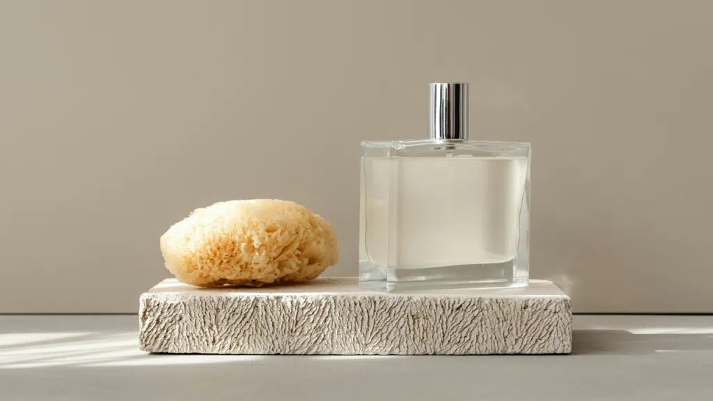 A clear glass perfume bottle and a natural sea sponge are displayed on a textured stone slab.
