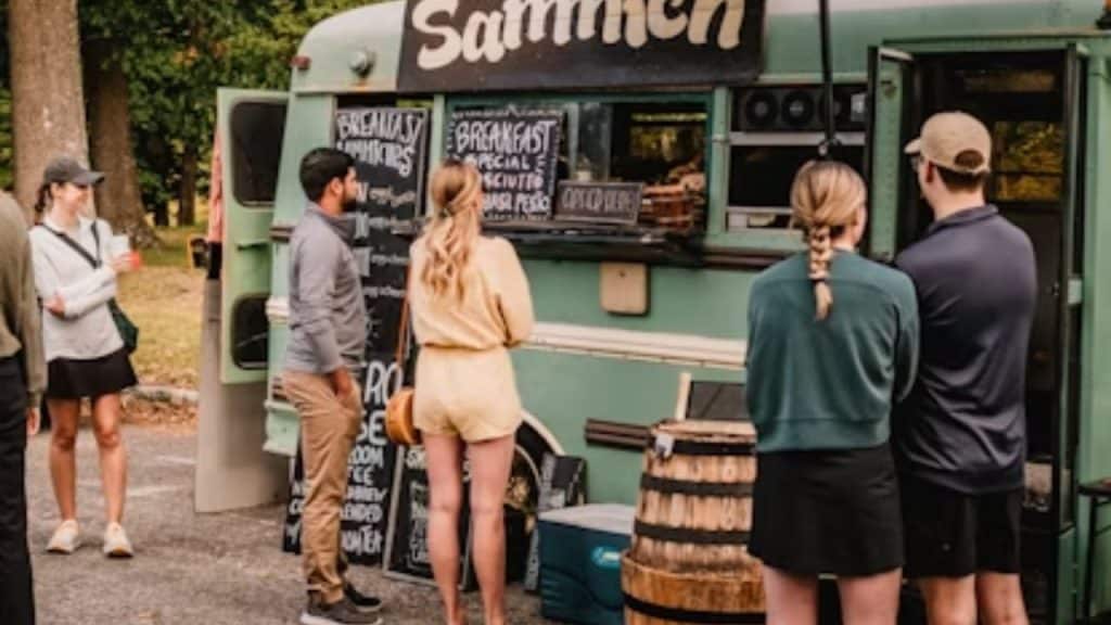 A man and a woman standing outside a food truck at dusk with friends nearby