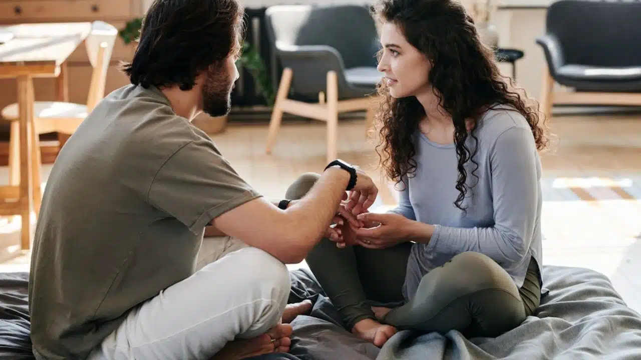Couple reconnecting for a serious talk in a quiet setting.