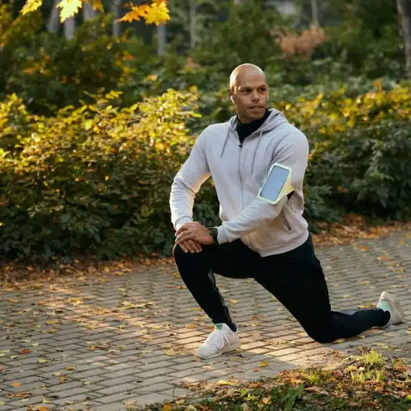 A man look fit stretching outside.
