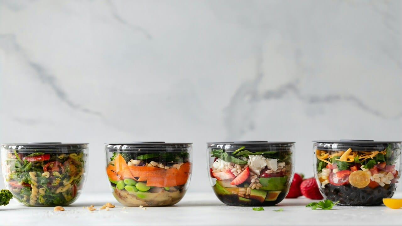 Four plastic bowls with vegetables inside.