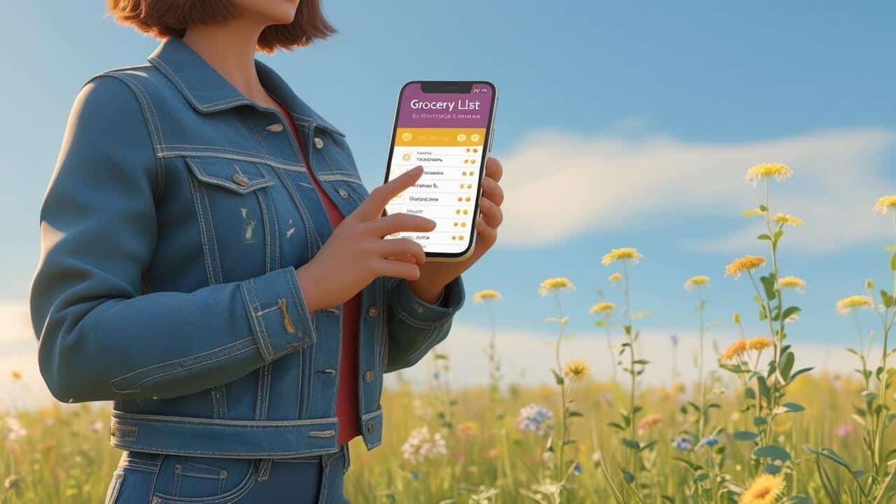 A woman holding a phone with a grocery list app open.