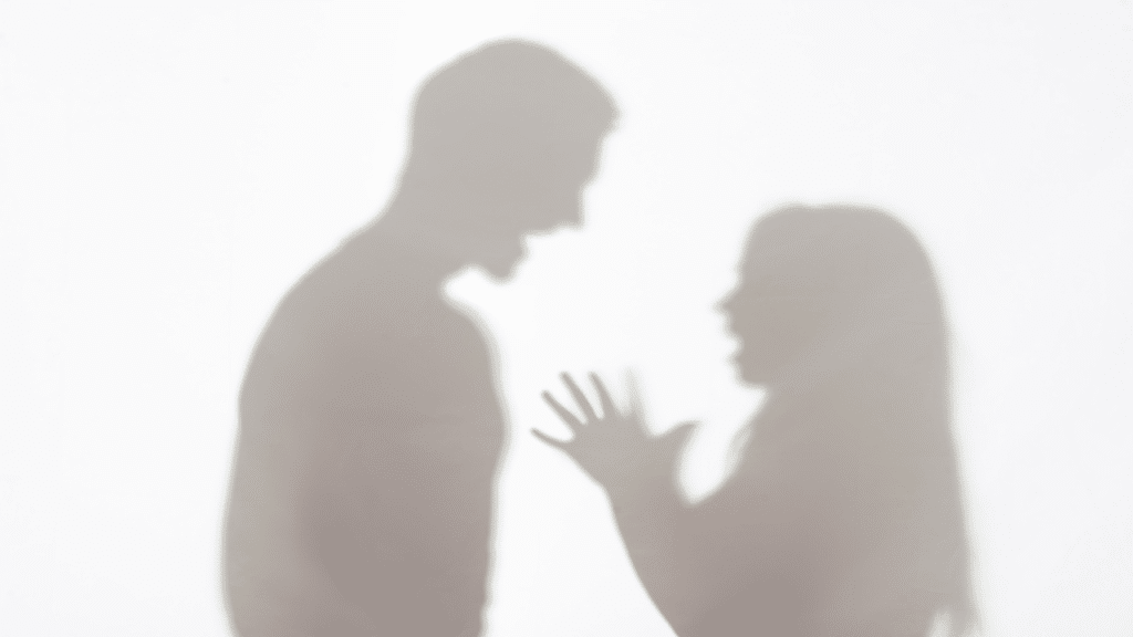 A couple’s shadow with both figures showing tension or conflict.