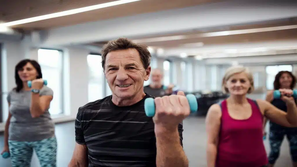 A group of older adults exercising with light dumbbells in a bright fitness studio.