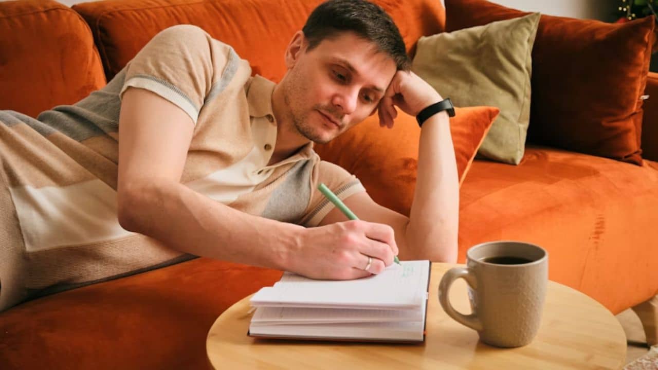 A man writing in a journal while reflecting on relationship values.