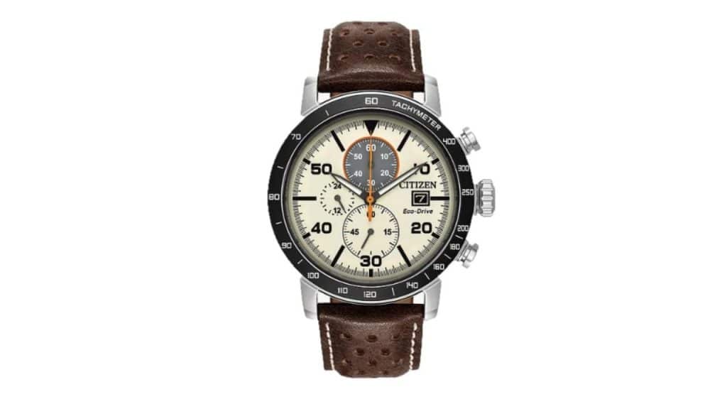 A photo of a Citizen Eco-Drive CA0649-06X Chronograph on a white background.