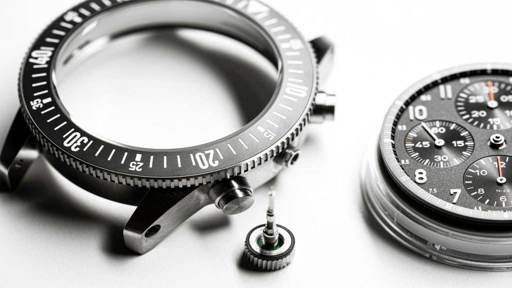 A disassembled chronograph watch showing the case, crown, and dial with subdials.