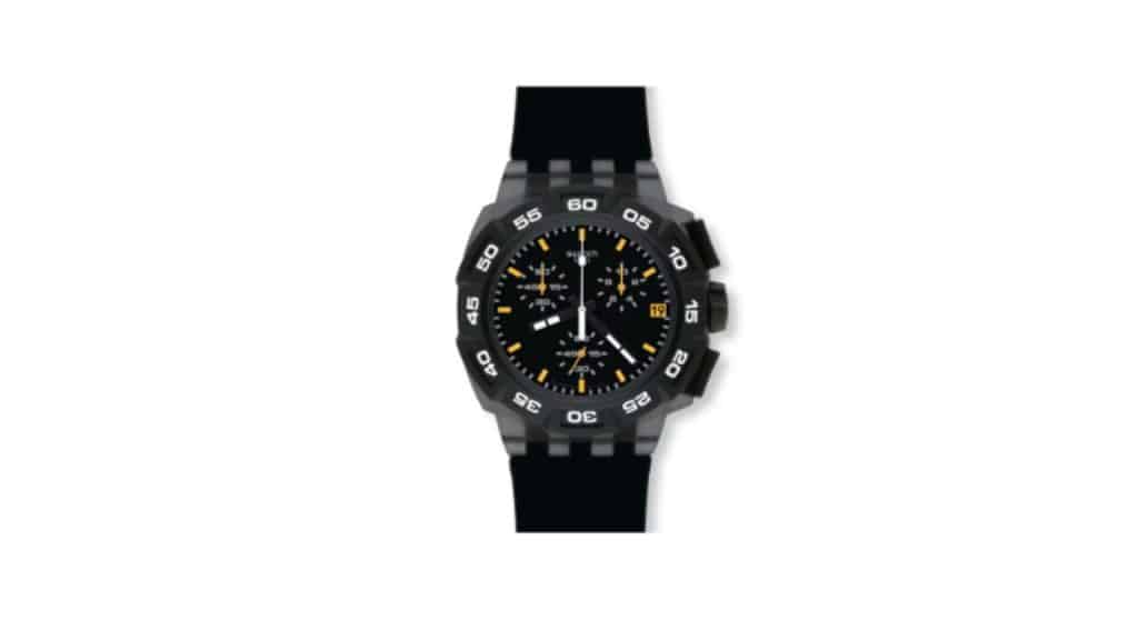 A photo of a Swatch Chrono Plastic on a white background.