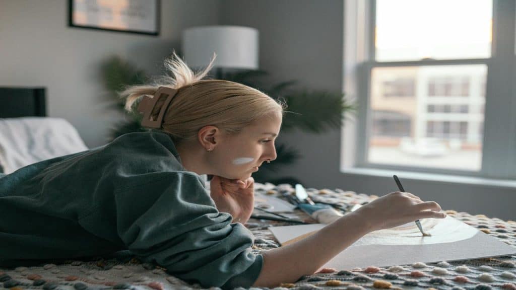 A young woman lies on her bed, focused on painting a canvas in natural daylight.