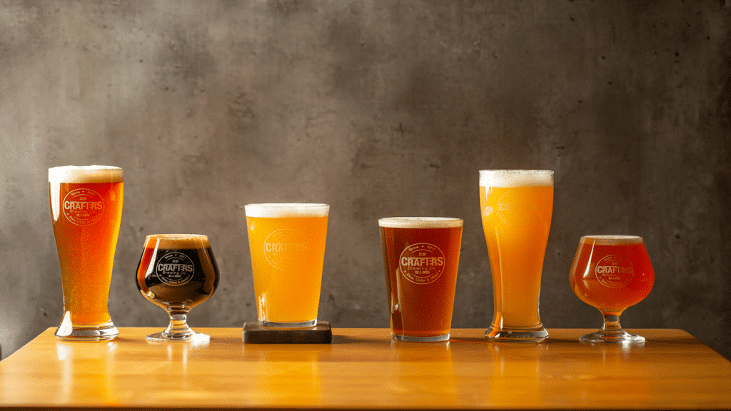 Six craft beers in different glasses on a wooden table.