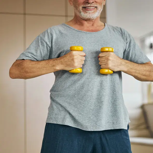 A smiling older man holding two small yellow dumbbells while exercising indoors.