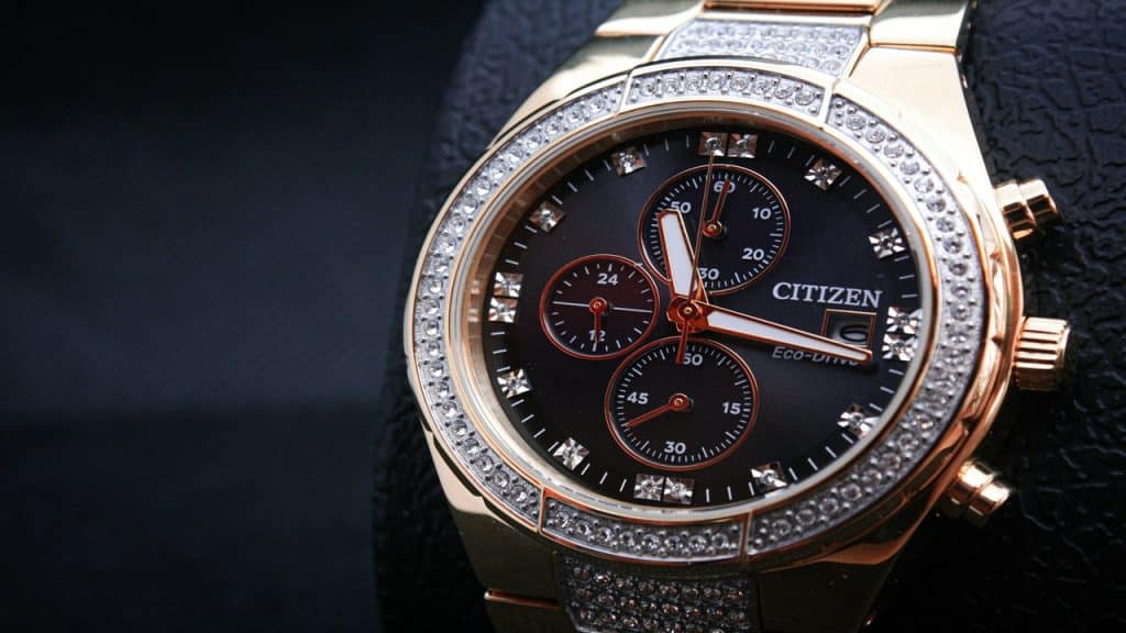 A close-up photo of a chronograph wristwatch.
