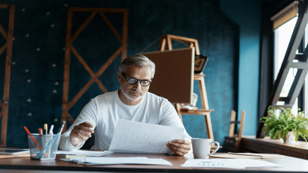 A focused middle-aged man in glasses reviews papers at a desk in a creative studio.