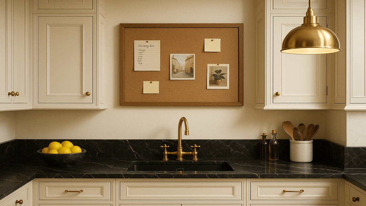 A corkboard in a kitchen.