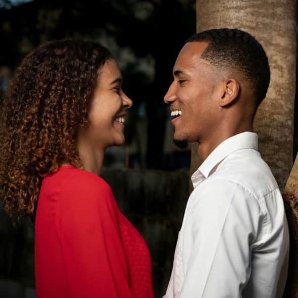 A couple happily talking to each other
