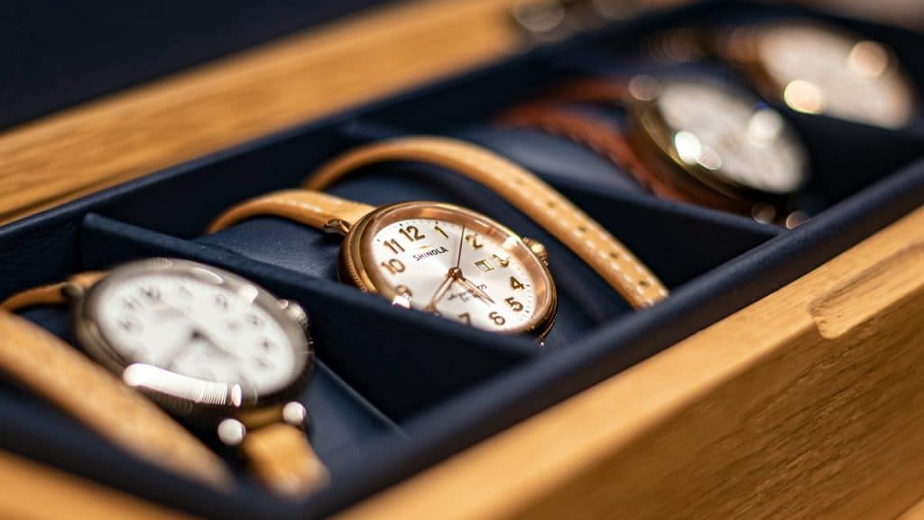A close-up photo of a collection of watches in a watch box