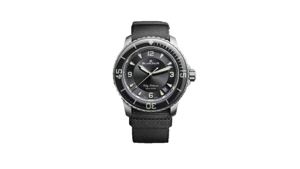A photo of a Blancpain Fifty Fathoms on a white background.