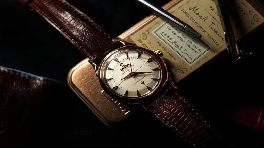 A close-up photo of an Omega watch.