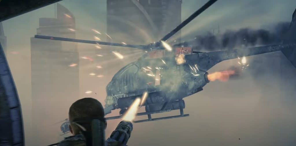 A picture of a man fighting with a machine gun