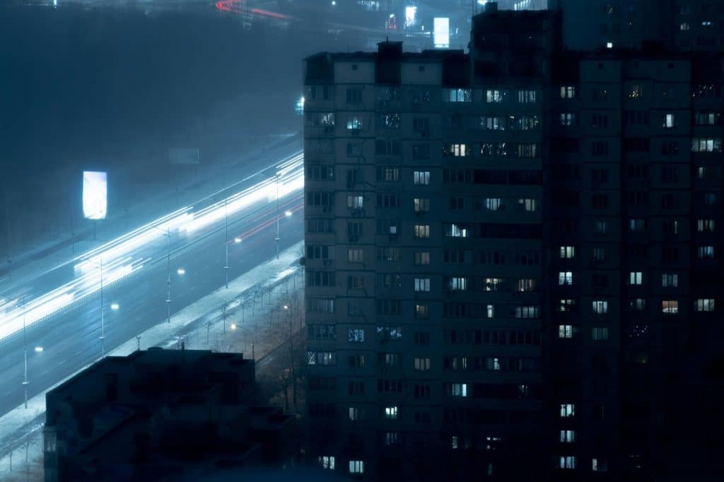 A picture of a building and a silent night.