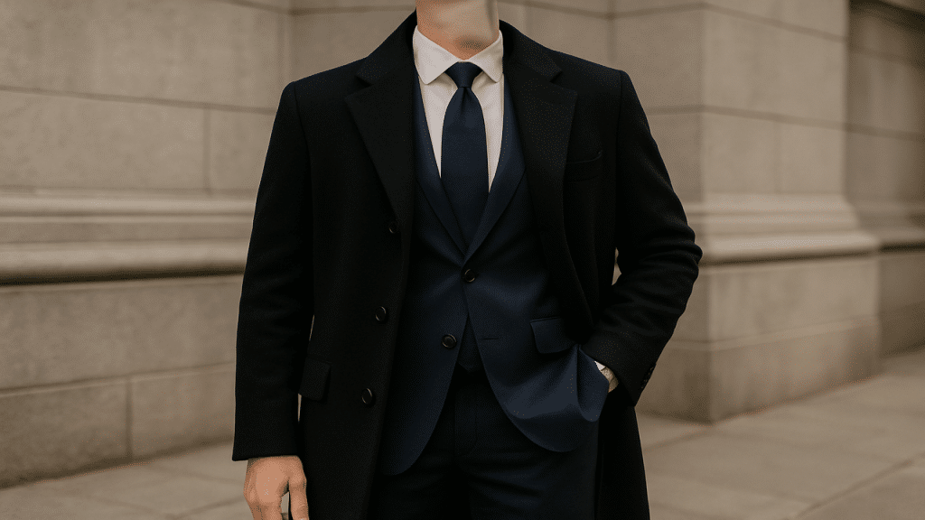 A man wearing a navy suit with a black coat.