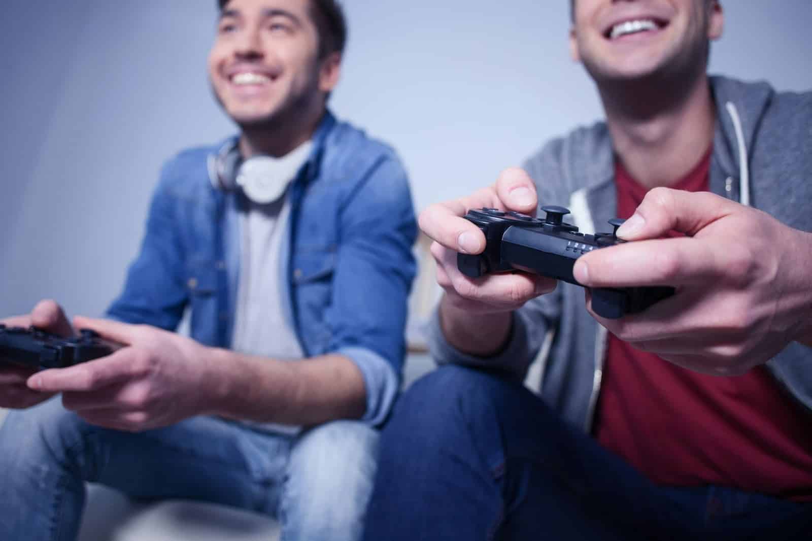 A picture of happy guys playing.