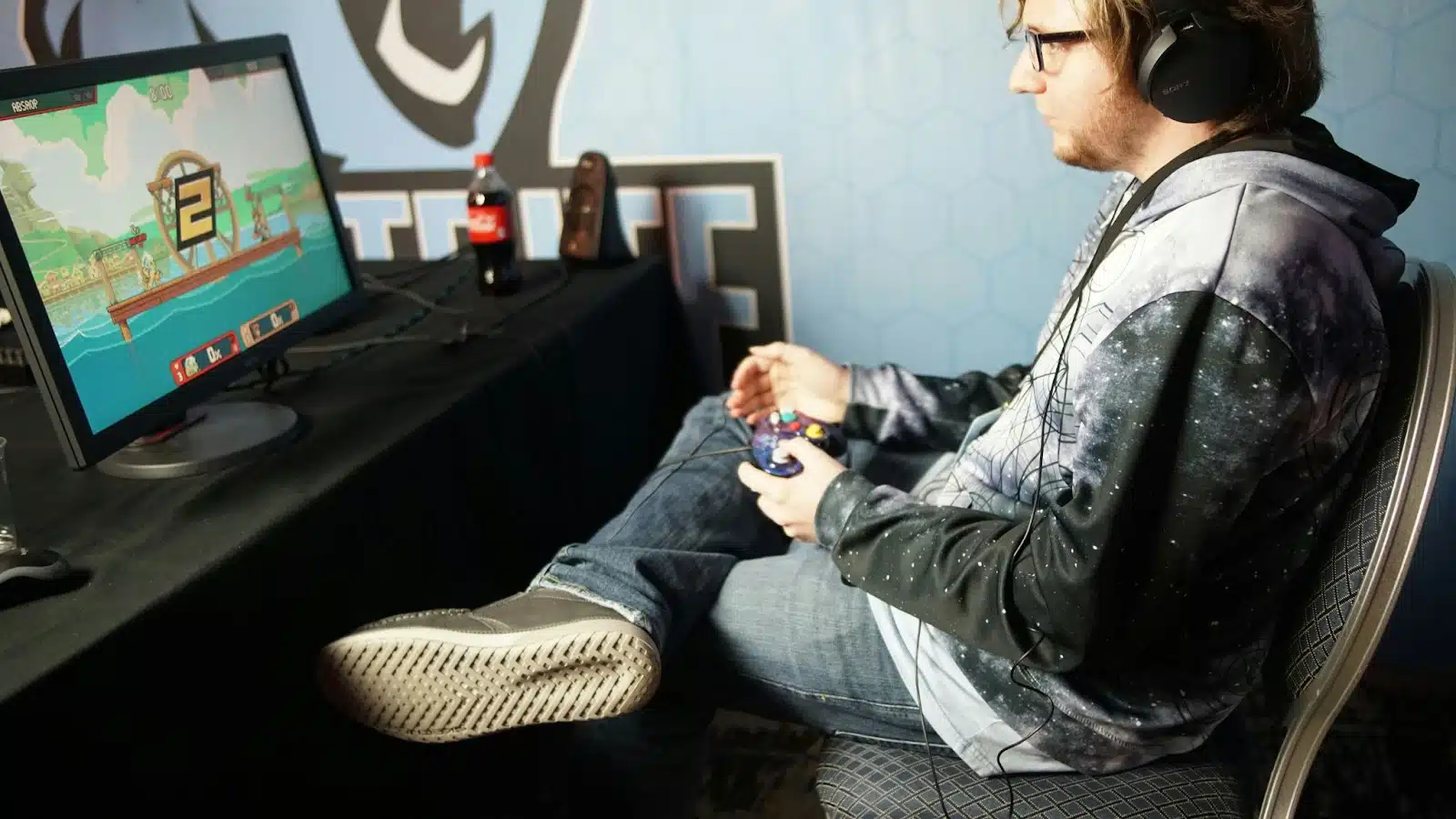 A picture a chill guy playing a game.