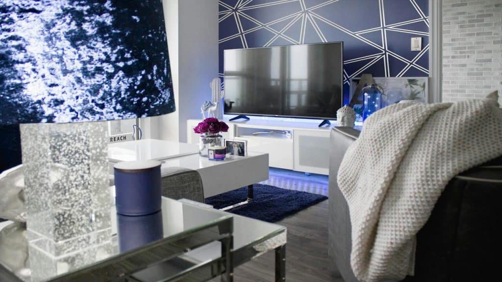 A family room with an area rug