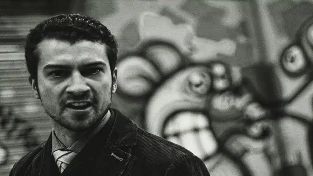 Black and white photo of an angry man