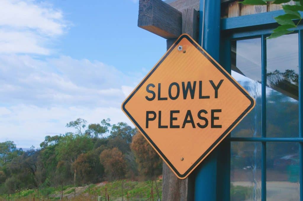 A picture of a sign says “slowly please”