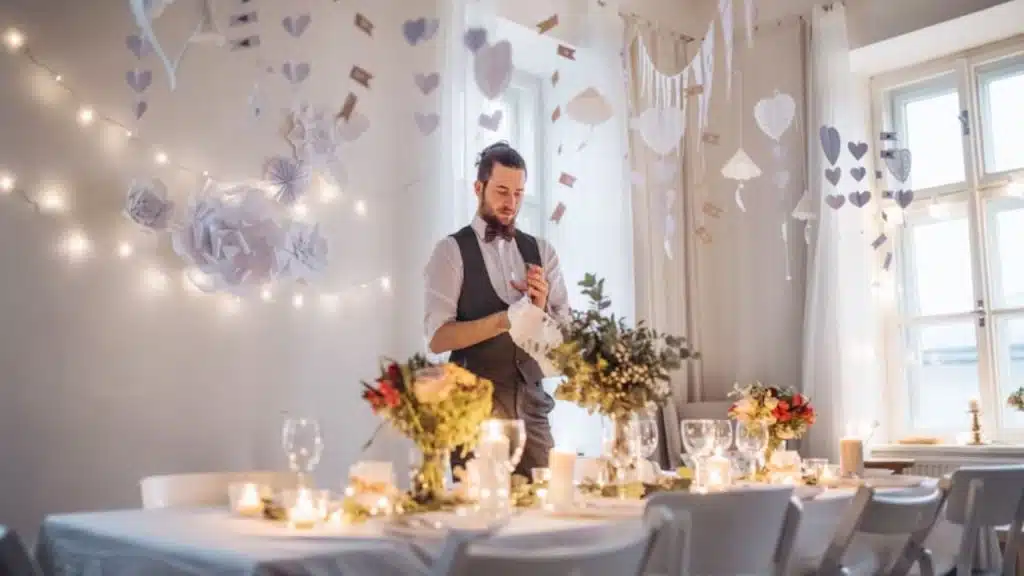 Man setting up a surprise staycation to celebrate an anniversary creatively.