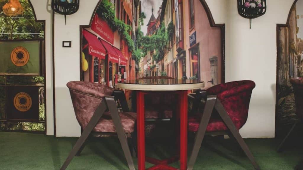 A dining room with a romantic themed anniversary evening recreating a dream destination.