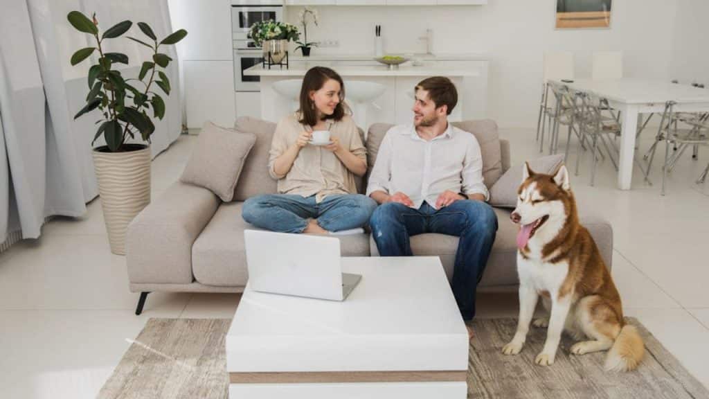 A man and woman having a calm and respectful conversation in the living room.