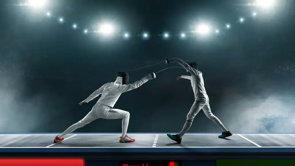 Two fencers in the middle of a match.