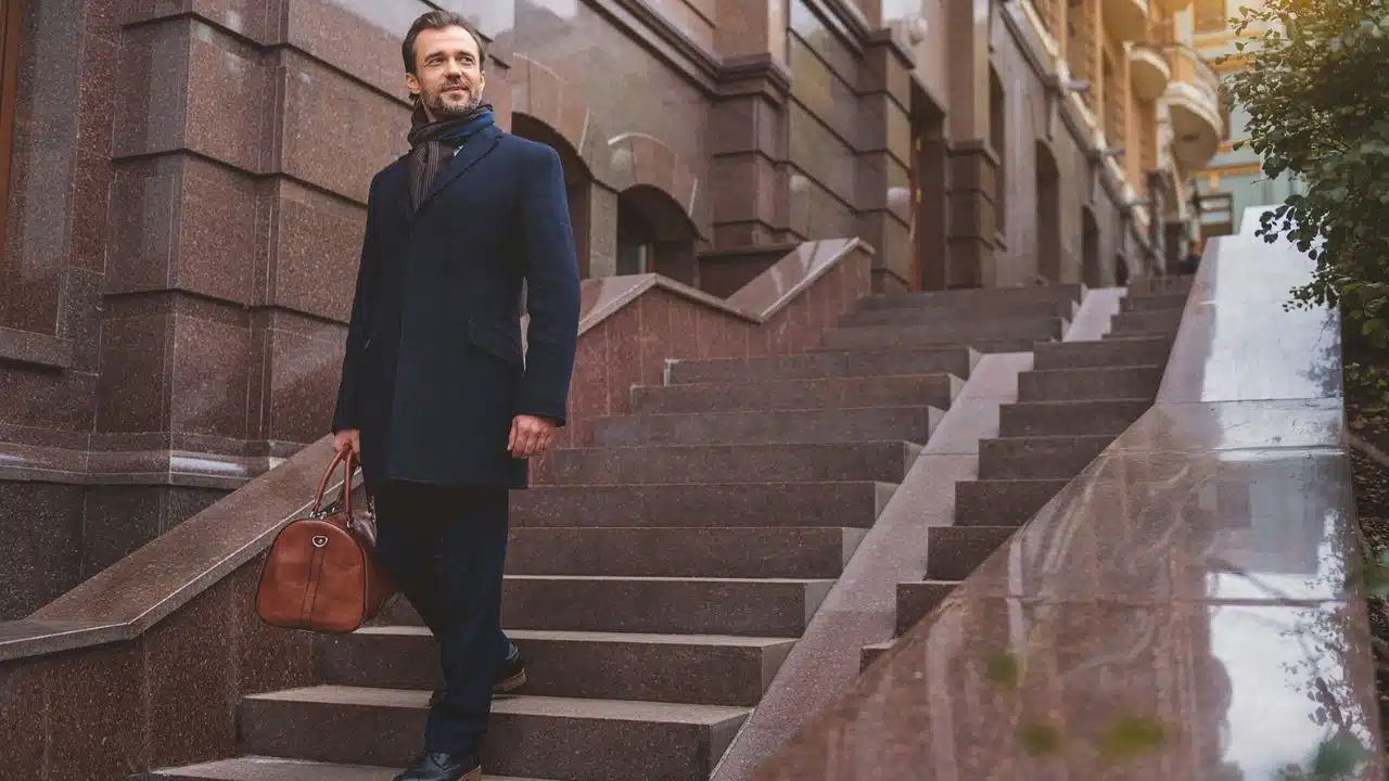 A well-dressed man carrying a brown duffel bag walks down a set of stone steps.
