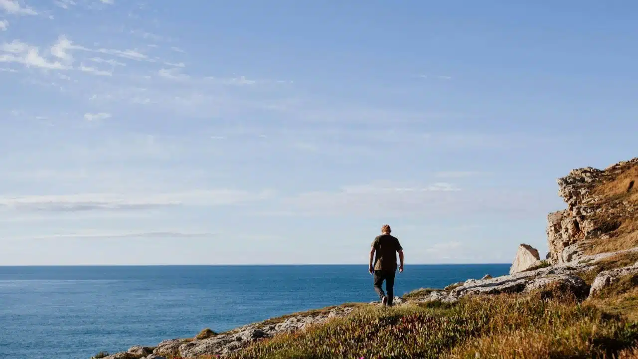 A person walks along a rocky, grassy coast overlooking a vast blue ocean under a clear sky.
