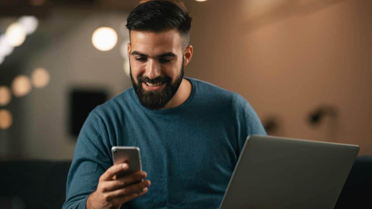 A smiling bearded man looks at his phone with a laptop beside him.