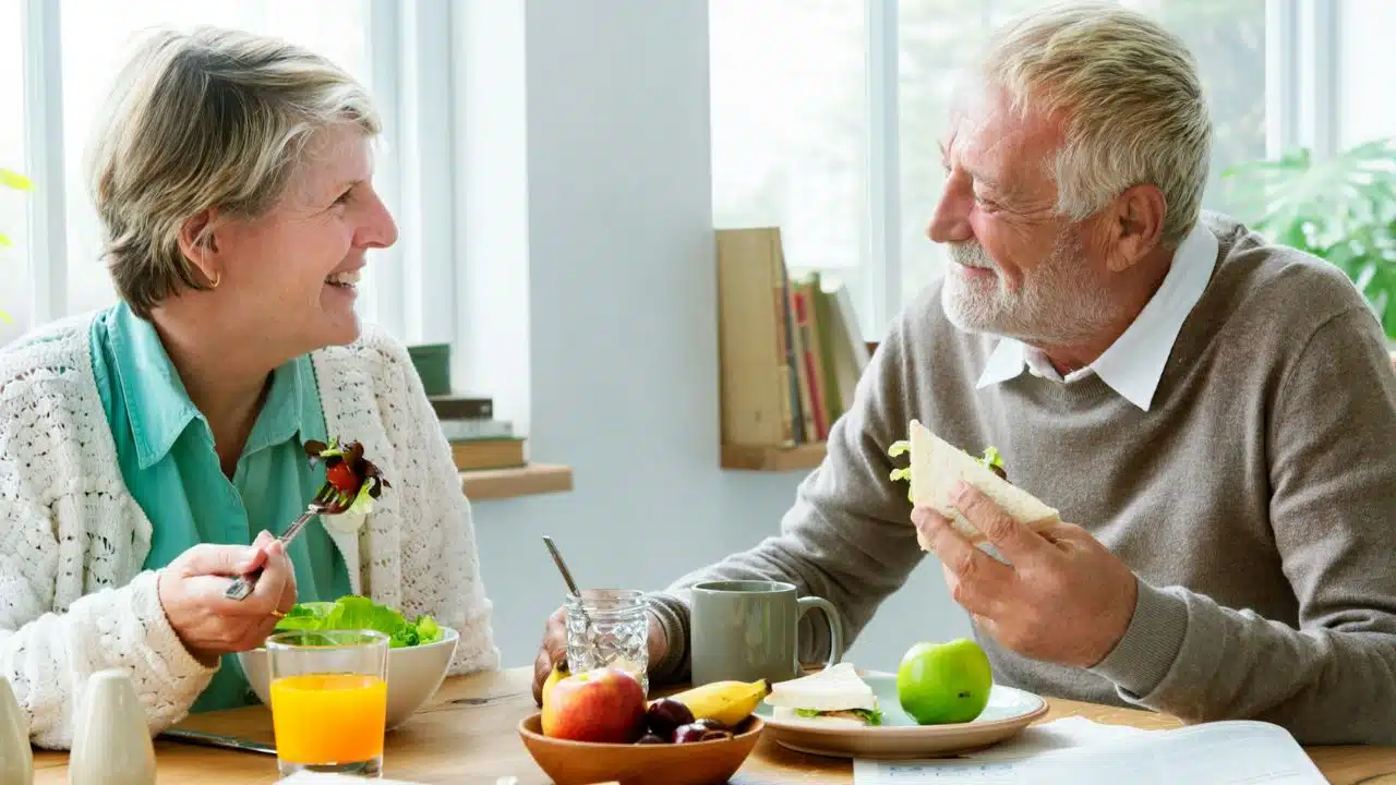 A smiling older couple eats at a table, looking at each other, with food and drinks.