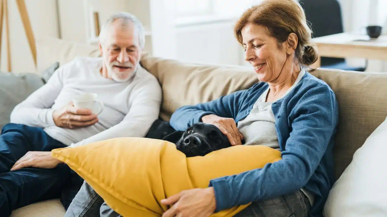 A happy older couple relaxes on a sofa with a black dog and a yellow pillow.