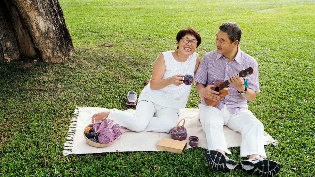 A cheerful older couple enjoys a picnic on a blanket, with one playing a ukulele.