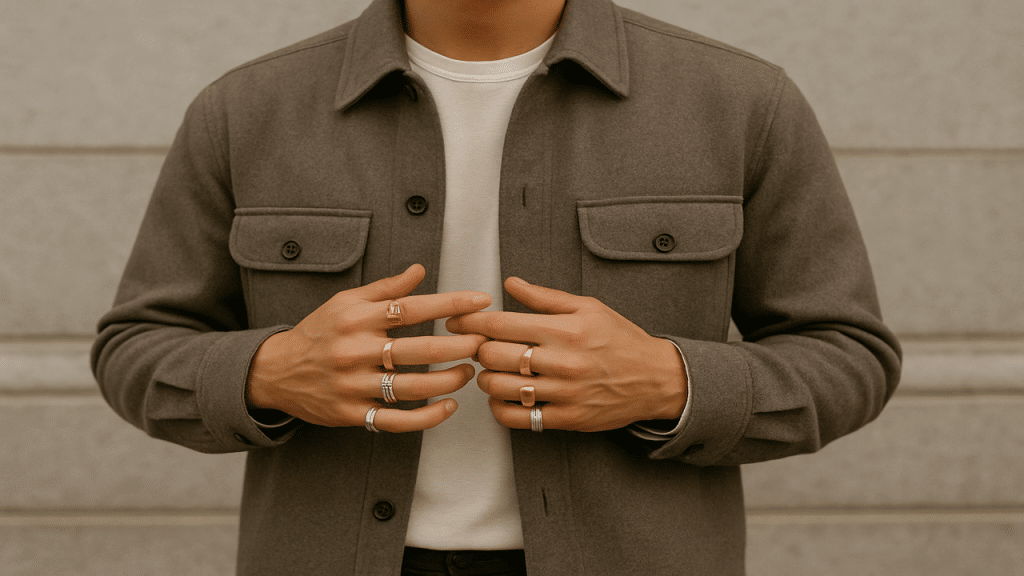 A man wearing a mix of gold and silver jewelry.