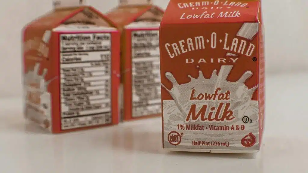 A half-pint Cream-O-Land lowfat milk carton.