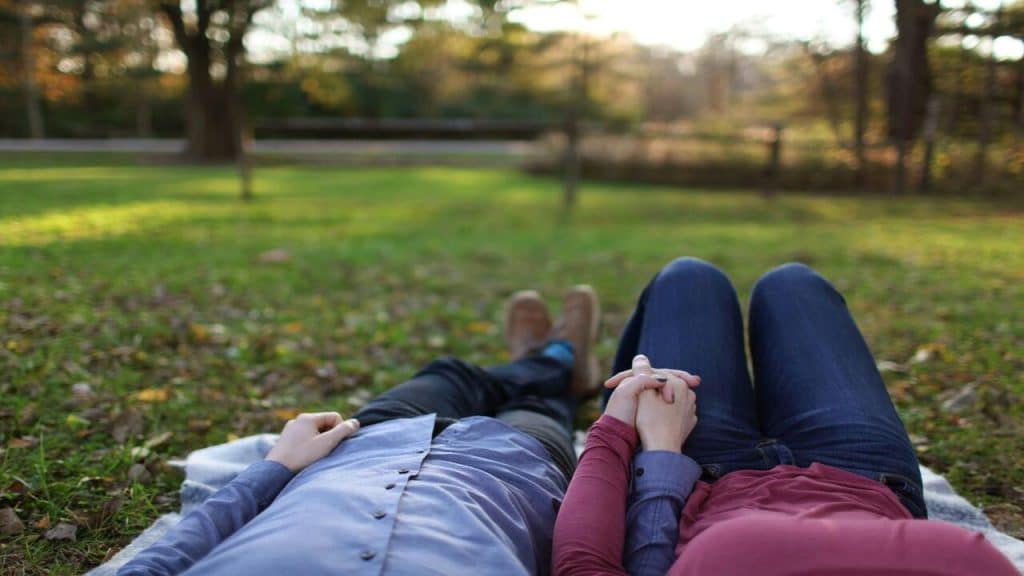 A couple holding hands while laying on the grass.