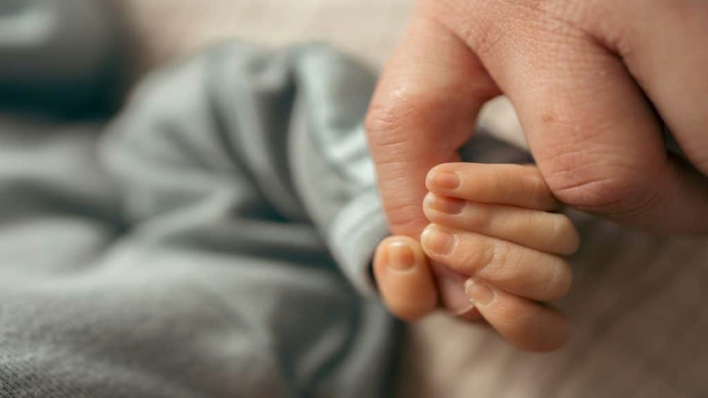 An adult hand holding a baby’s hand.
